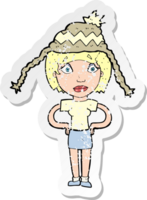 retro distressed sticker of a cartoon woman wearing winter hat png