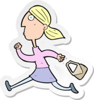 sticker of a cartoon running woman stressed png