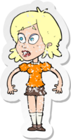 retro distressed sticker of a cartoon surprised woman png