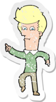 retro distressed sticker of a cartoon man pointing png