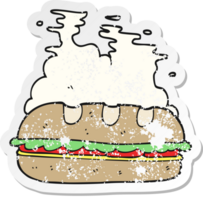 retro nödställda klistermärke av en tecknad enorm smörgås png