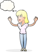 cartone animato donna lancio mani nel aria con pensato bolla png
