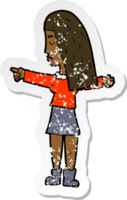 retro distressed sticker of a cartoon woman pointing png