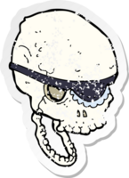 retro distressed sticker of a cartoon spooky skull with eye patch png