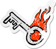 retro distressed sticker of a cartoon flaming key png