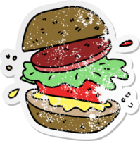 distressed sticker of a quirky hand drawn cartoon veggie burger png