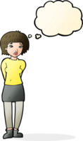 cartoon shy woman with thought bubble png