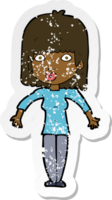 retro distressed sticker of a cartoon woman shrugging png