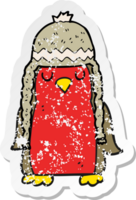 pegatina retro angustiada de un petirrojo de dibujos animados con sombrero de invierno png