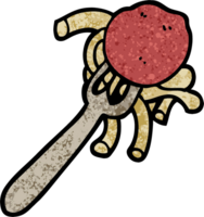illustration texturée grunge spaghetti et boulettes de viande de dessin animé sur la fourche png