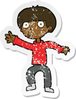 retro distressed sticker of a cartoon boy waving warning png