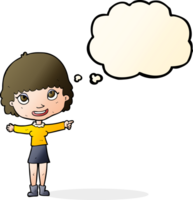 cartoon happy woman pointing with thought bubble png