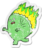 retro distressed sticker of a cartoon monster on fire png