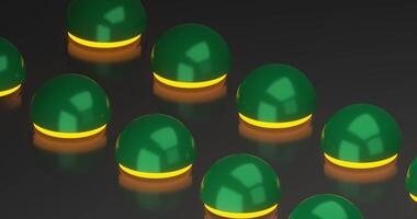 3D animation of a collection of round shaped green glass buttons with color changing indicator light on dark background video