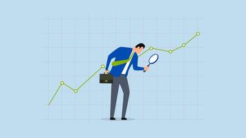 Lager Markt Daten Analyse, Animation von Geschäft Analytiker untersucht Einzelheiten von steigend Markt Daten mit ein Vergrößerung Glas. video