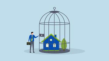 hypotheek betaling probleem, animatie van angstig huiseigenaar zakenman staat in een op slot vogelkooi in zijn huis. video