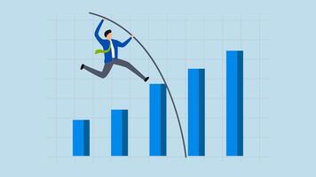 bedrijf groei, animatie van zakenman jumping over- groei bar grafiek. video