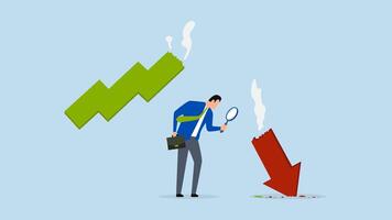 marknadsföra krascha analys, 4k animering av affärsman analytiker använder sig av förstorande glas till se på röd pil på krascha Diagram video