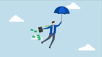 Success businessman get rich, animation of happy rich businessman flying with his umbrella and holding a briefcase with banknotes. video