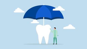 Dental Versicherung Abdeckung Gesundheitswesen und medizinisch kosten, 4k Animation von Zahnarzt steht mit stark sauber Zahn unter groß Regenschirm Abdeckung. video