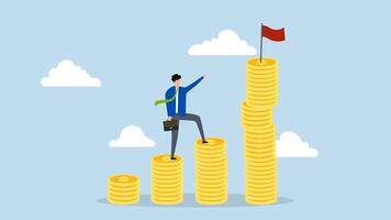 financiero meta, 4k animación de empresario pasos arriba a escalada apilar de monedas con objetivo de alcanzando el objetivo bandera. video
