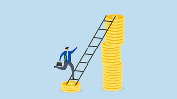 Wage or salary increase, 4k animation of investor climbing from low dollar to higher dollar video