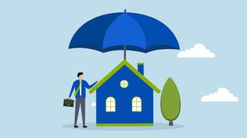 huis verzekering, animatie van jong huis eigenaar met zijn huis onder een sterk beschermend paraplu. video