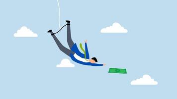 Investment risk, 4k animation of shrewd confident businessman bungee jumping to grab money. video