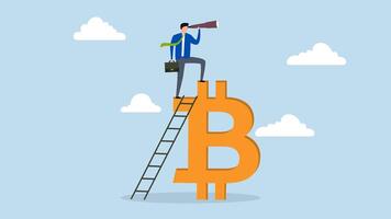 Future of bitcoin and cryptocurrency, 4k animation of investor climbs ladder to top of Bitcoin using telescope to see opportunity. video