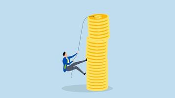 Financial goal, animation of businessman is trying to reach the top of a stack of coins with a hard climbing rope. video