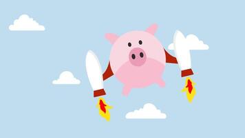 aumentar financiero ganador, 4k animación de rosado cerdito banco con cohete aumentador de presión ala volador rápido alto en cielo. video