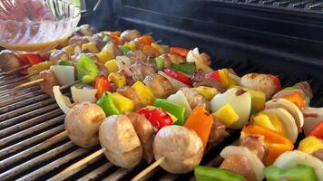 delizioso kebab con molte di verdure pollo e Manzo fritte su un' barbecue su il griglia girare al di sopra di e sbavatura con salsa esso ha Pepe cipolla funghi ananas luminosa colori di verdure associazione video