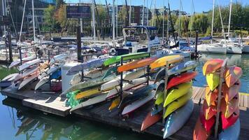 Granville Island colorful boats on the pier beautiful nature clear sky yachts are at anchor video