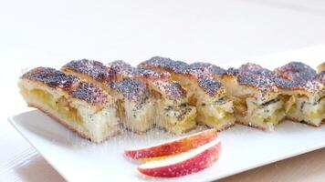 en blanco plato strudel con manzanas amapola semillas dos rebanadas de rojo manzana rociado con azúcar Pastelería postre azúcar moscas lucha espalda y mosca arriba a parte superior hermosa vajilla blanco antecedentes sitio para texto video