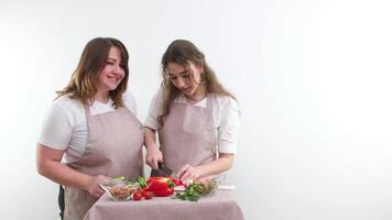 A young pretty mother and her cute daughter are cooking salad together. video