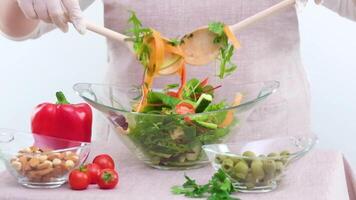 mixing delicious appetizing salad with carrots sliced peppers different greens olives and nuts close-up unrecognizable woman stirs with large wooden spoons in gloves video