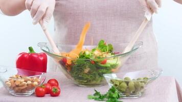 être santé délicieux Frais légume salade négligé négligemment disperse femme en remuant dans assiette Nouveau recette fraîcheur végétarien nourriture lent mouvement en bonne santé mode de vie correct nutrition video