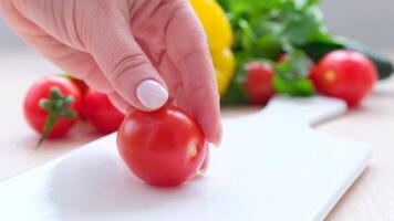 female hands cut cherry tomatoes on white cutting board knife cuts tomato in half delicious tomato juice flows out in vegetables yellow bell pepper cilantro cucumbers cooking salad slicing vegetables video