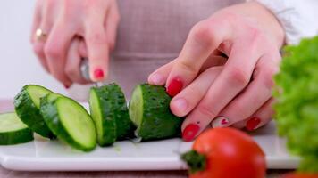 liebend Mutter unterrichtet Tochter zu Koch Gemüse Salat, wenig Mädchen im Schürze hält Messer Schneiden Gurke auf hölzern Tafel Mama aussehen Gefühl stolz Teilen Familie Rezepte und Erfahrung, Zeitvertreib Hobby Konzept video