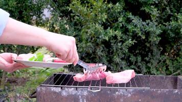 weiblich Hände stellen frisch Schweinefleisch auf Grill Kochen köstlich Steaks auf Feuer Frau versuchen zu drücken Fleisch im Platz zu Platz Gemüse gesund Essen gekocht beim Zuhause draußen gegen das Hintergrund von ein Grün Busch video