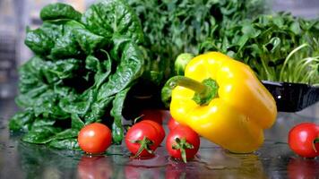 Chef cuts the fresh bell pepper, with a knife on a cutting board in slow motion. video