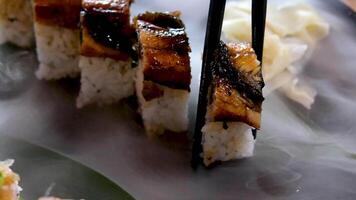 delizioso ristorante asiatico cibo Sushi su piatto con asciutto ghiaccio Anguilla tonno impostato avvolgente tutti in giro spazio per testo pubblicità Sushi servendo menù capocuoco corsi Sushi creatore avvicinamento incredibilmente delizioso video