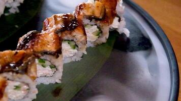 delicioso restaurante asiático comida Sushi en plato con seco hielo Anguila atún conjunto envolvente todas alrededor espacio para texto publicidad Sushi servicio menú cocinero cursos Sushi fabricante de cerca increíblemente delicioso video