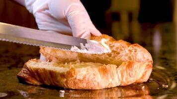 fechar-se do uma chefe de cozinha dentro luvas preparando uma croissant sanduíche video