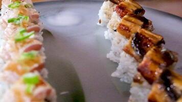 delicioso restaurante asiático comida Sushi en plato con seco hielo Anguila atún conjunto envolvente todas alrededor espacio para texto publicidad Sushi servicio menú cocinero cursos Sushi fabricante de cerca increíblemente delicioso video