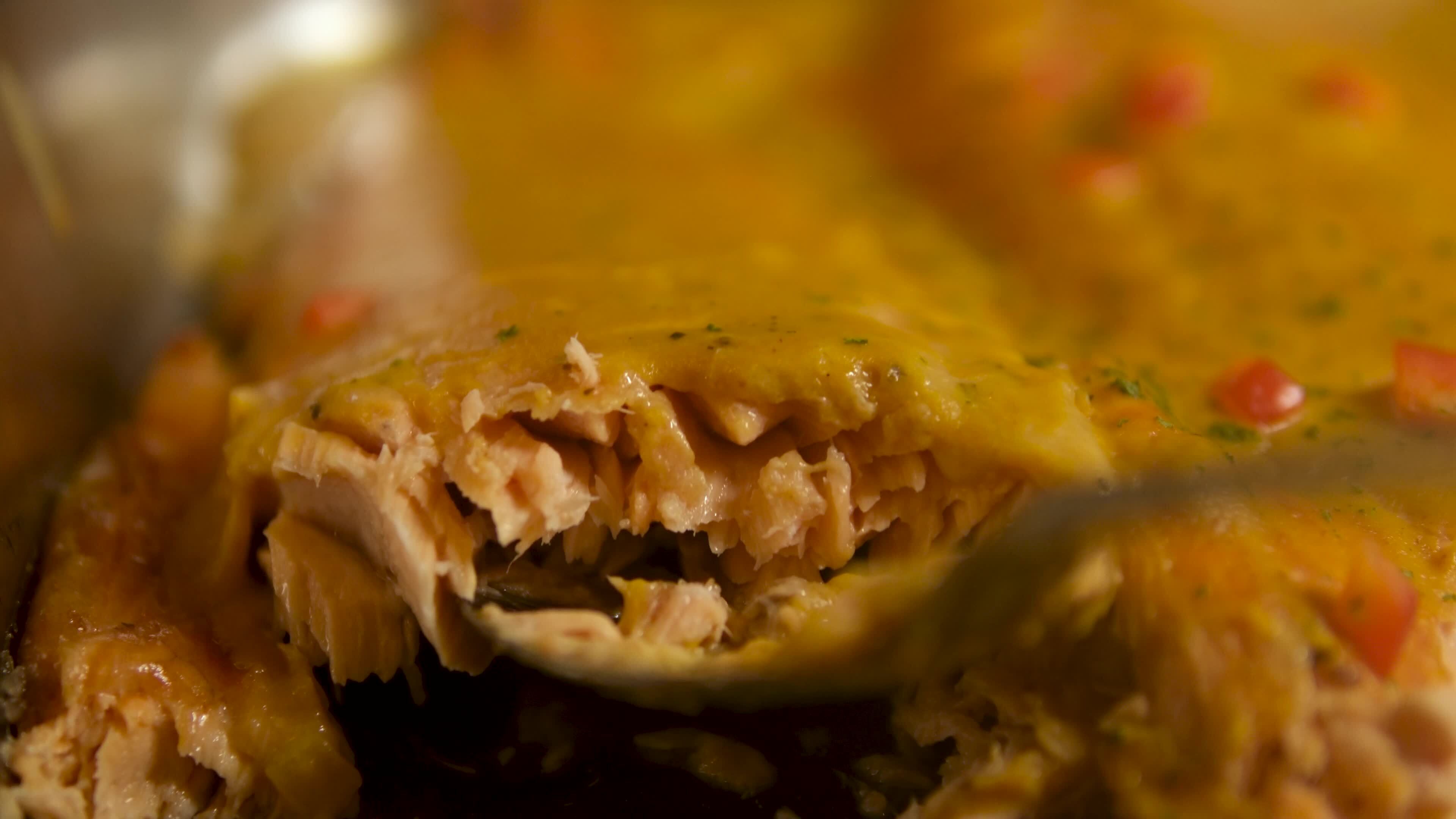 Salmon Mango Sauce Baked salmon steak with cream sauce rotating with