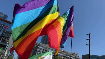 drie vlaggen tegen lucht homo trots regenboog vlag golvend tegen schoon blauw lucht, dichtbij omhoog, geïsoleerd met knipsel pad masker alpha kanaal transparantie homo trots regenboog vlag golvend tegen transparantie video