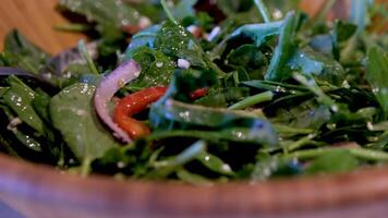 insalata con spinaci e capra formaggio cipolla rosso Pepe nel un' di legno piatto su il buffet tavolo diverso cibo nel porzioni celebrazione festa salutare cibo per donne società aziendale video