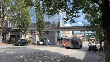 een bus passeert in de buurt de skytrain een gewoon straat in Vancouver stad centrum asfalt zonnig weer groen bomen video