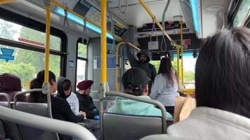 Bus halt ein Person tritt ein das Mitte alle Menschen sitzen mit ihr Rücken zu das Kamera ein Telefon im ihr Hände ein Mann setzt es im seine Hose Tasche gewöhnliche echt Leben im Vancouver Kanada 2023 video